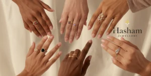 Multiple diverse hands displaying different styles of artificial rings in gold, silver, and rose gold tones - showing confidence, individual expression, and variety of designs available for women, girls, and men in Lahore