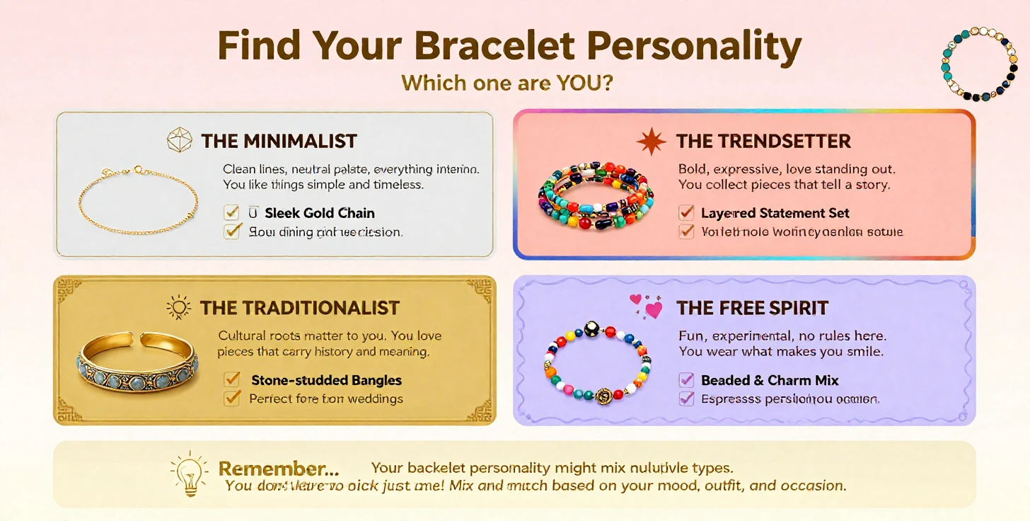 Infographic showing four bracelet personality types: The Minimalist with sleek gold chains, The Trendsetter with layered colorful pieces, The Traditionalist with stone-studded bangles, and The Free Spirit with beaded and charm bracelets, each with recommended styles and characteristics