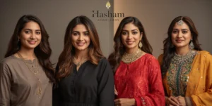Artificial Necklace in Lahore Diverse group of confident Lahore women of different ages and styles wearing artificial necklaces - university student with fashion necklace, working professional with elegant piece, mother with traditional design, and event attendee with statement necklace - showing the variety and inclusivity of artificial necklace choices for every woman