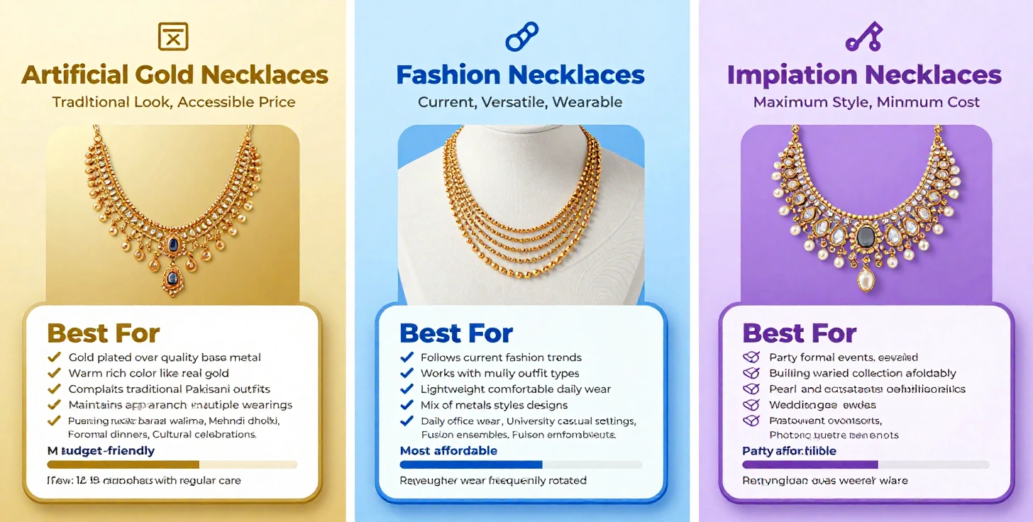 Infographic comparing three types of artificial necklaces - artificial gold necklaces
for traditional occasions, fashion necklaces for daily versatile wear, and imitation
necklaces for statement styles - with characteristics, best uses, price positioning,
and decision framework to help choose which type fits your needs and lifestyle