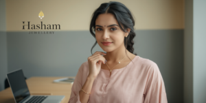 Young Pakistani woman wearing daily wear artificial jewellery including delicate gold studs, thin chain necklace, and thin bracelet while studying or working at desk