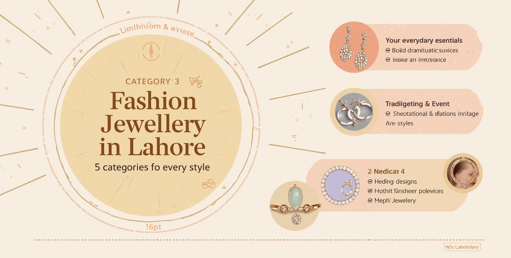 Infographic showing five fashion jewellery categories available in Lahore: Daily Wear for
everyday essentials, Statement Pieces for bold looks, Wedding & Event for celebrations,
Traditional & Cultural for heritage designs, and Modern & Western for contemporary styles,
each with examples and characteristics