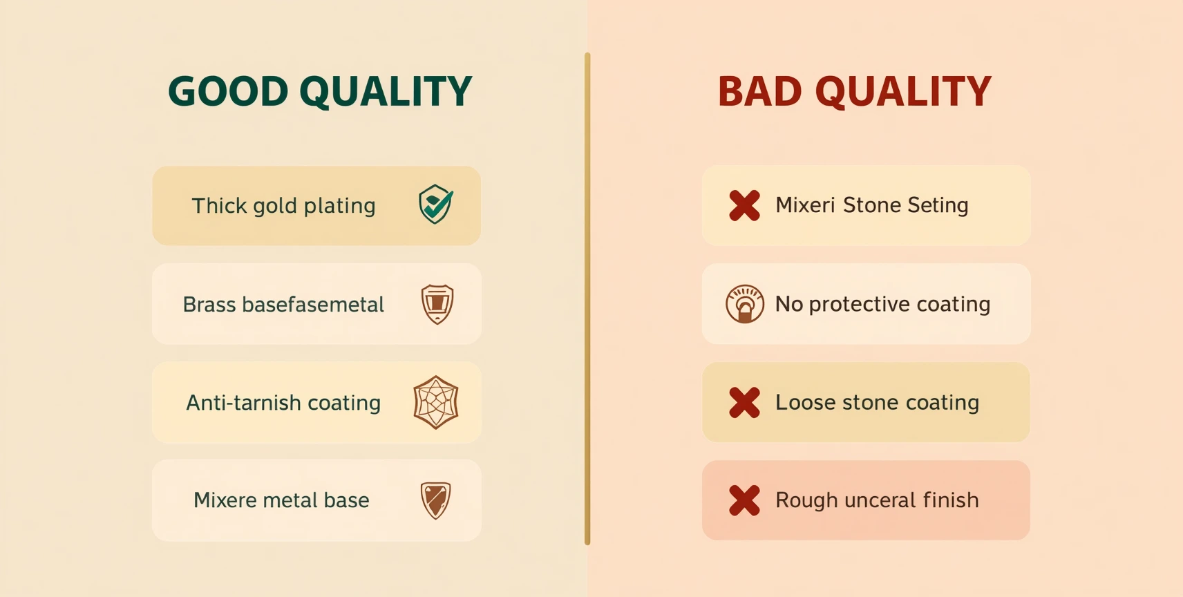 Comparison infographic showing five key differences between good quality and bad quality artificial jewellery including plating thickness, base metal, coating protection, stone setting, and finishing quality