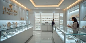 Professional interior of Hasham Jewellery store in Lahore showing organized jewelry displays and trusted brand environment