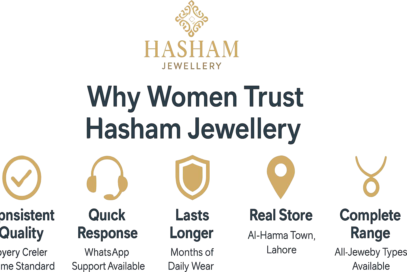 Infographic showing five reasons why Lahore women trust Hasham Jewellery including consistent quality, customer service, durability, physical store presence, and complete product range