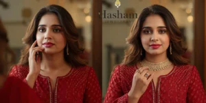 Party Wear Necklaces Lahore | Before and after comparison showing woman with complete party look - left side without necklace looking thoughtful, right side wearing elegant party necklace looking confident and complete, demonstrating how the right necklace completes a party outfit for celebrations in Lahore