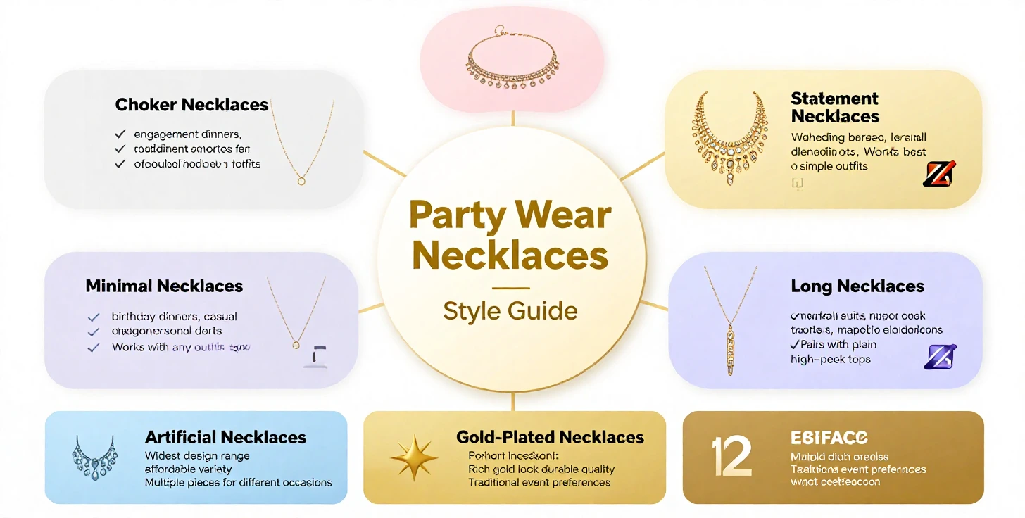 Infographic showing four party wear necklace styles - chokers for formal events,
statement necklaces for weddings, long necklaces for high-neck outfits, and minimal
necklaces for casual celebrations, with material options (artificial, gold-plated,
pearl and stone) and occasion matching guidance for Lahore parties and events