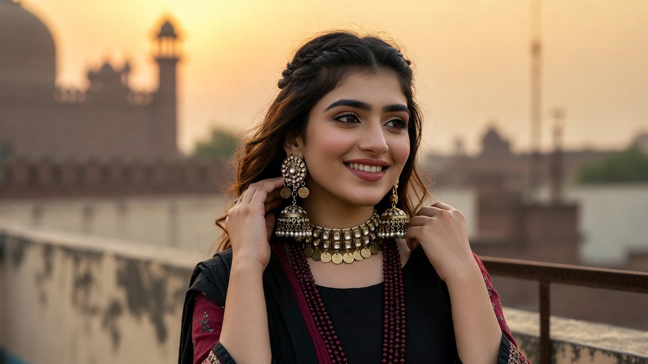 Elegant Pakistani woman wearing lightweight artificial jewellery for a Lahore wedding or festive event – Hasham Jewellery