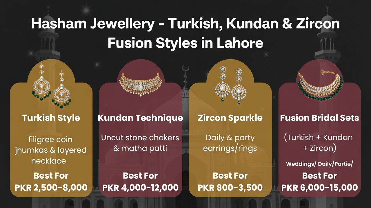 Infographic showing price ranges for artificial jewellery categories at Hasham Jewellery Lahore – budget, mid-range and premium pieces