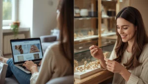 where to buy quality artificial jewellery | Comparison showing two ways to shop for artificial jewellery in Lahore - woman browsing online on mobile and woman examining pieces in physical jewelry store