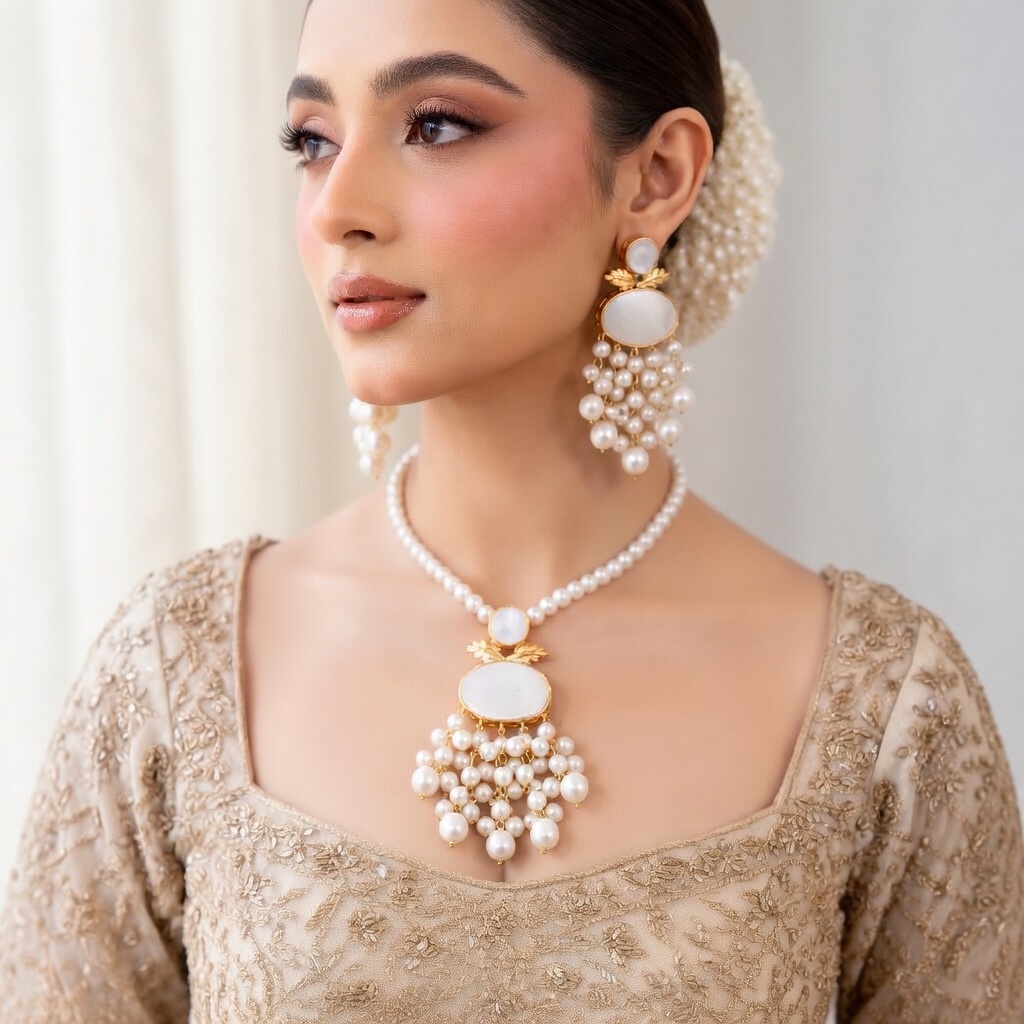 Pearl Locket Necklace Set gellery image 2