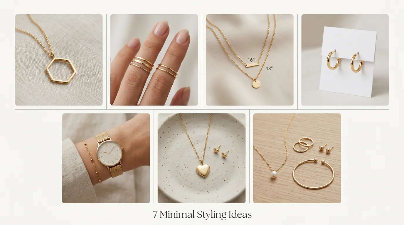 Seven minimalist jewellery styling ideas: pendant, rings, chains, hoops, bracelet-watch, locket, capsule set