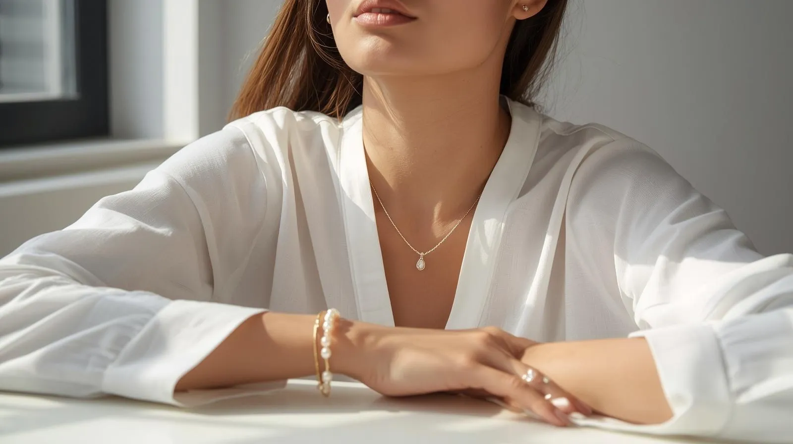 inimal American diamond pendant necklace and pearl bracelet for Pakistani office wear jewellery