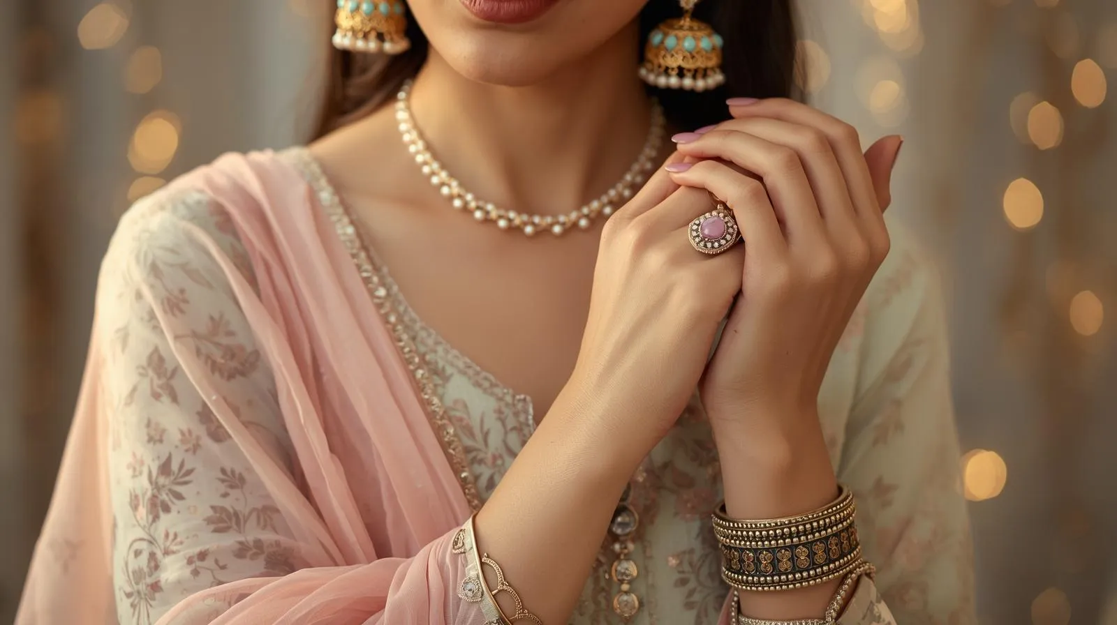Pastel Kundan jhumka earrings pearl necklace and gold bangles Eid 2026 jewellery styling Pakistan