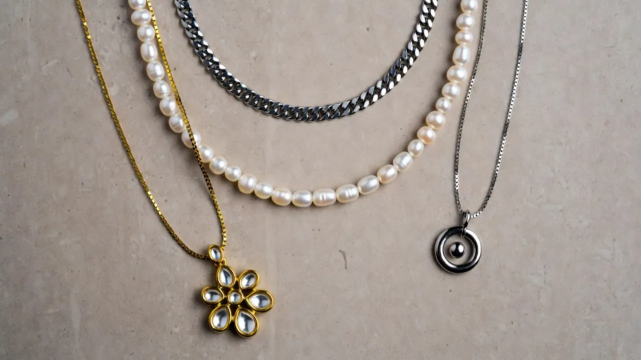 Gen Z necklace layering with mixed metals, kundan and pearls