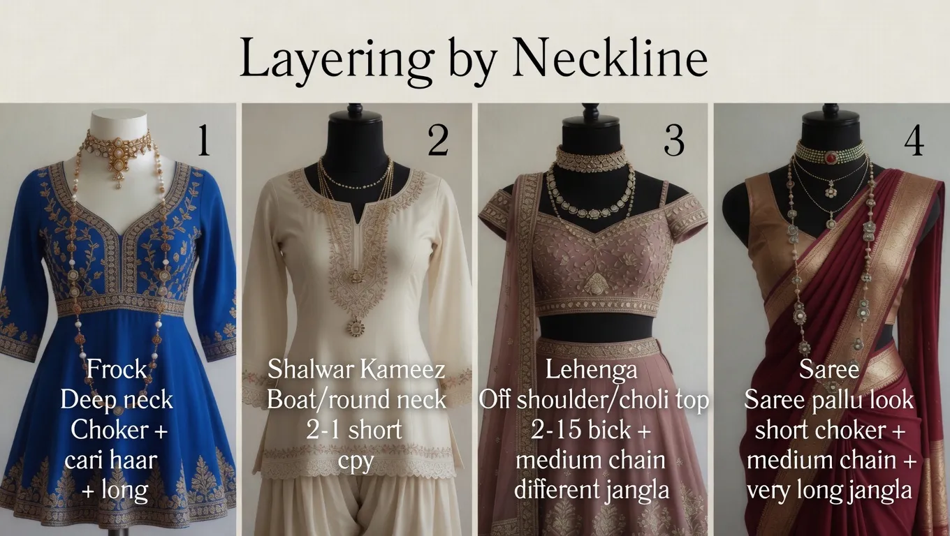 Necklace layering guide for V-neck, round neck, off-shoulder and saree pallu