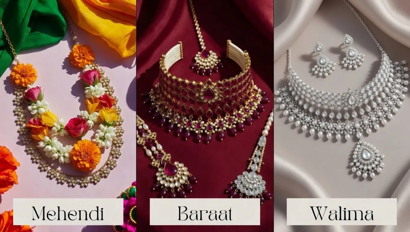 Wedding necklace layering ideas for Mehendi, Baraat and Walima