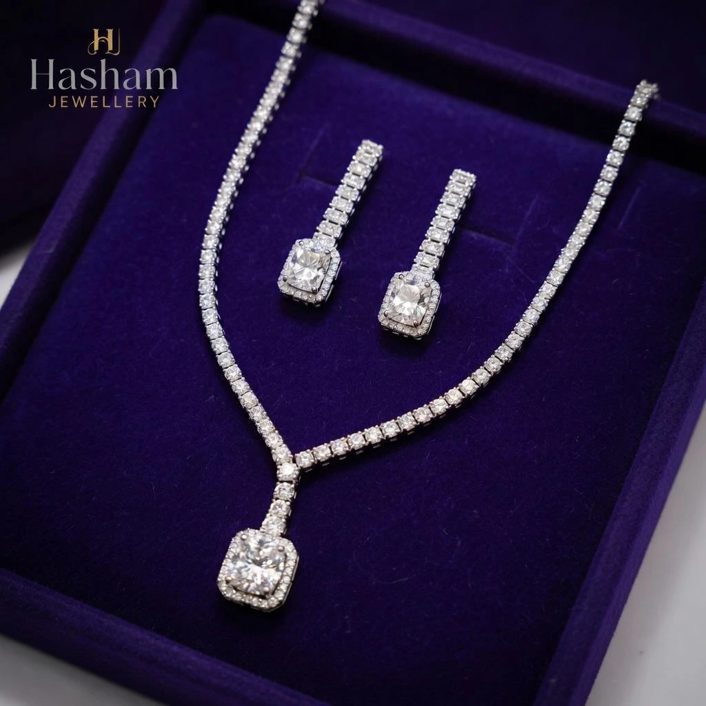 Square Halo Tennis Necklace