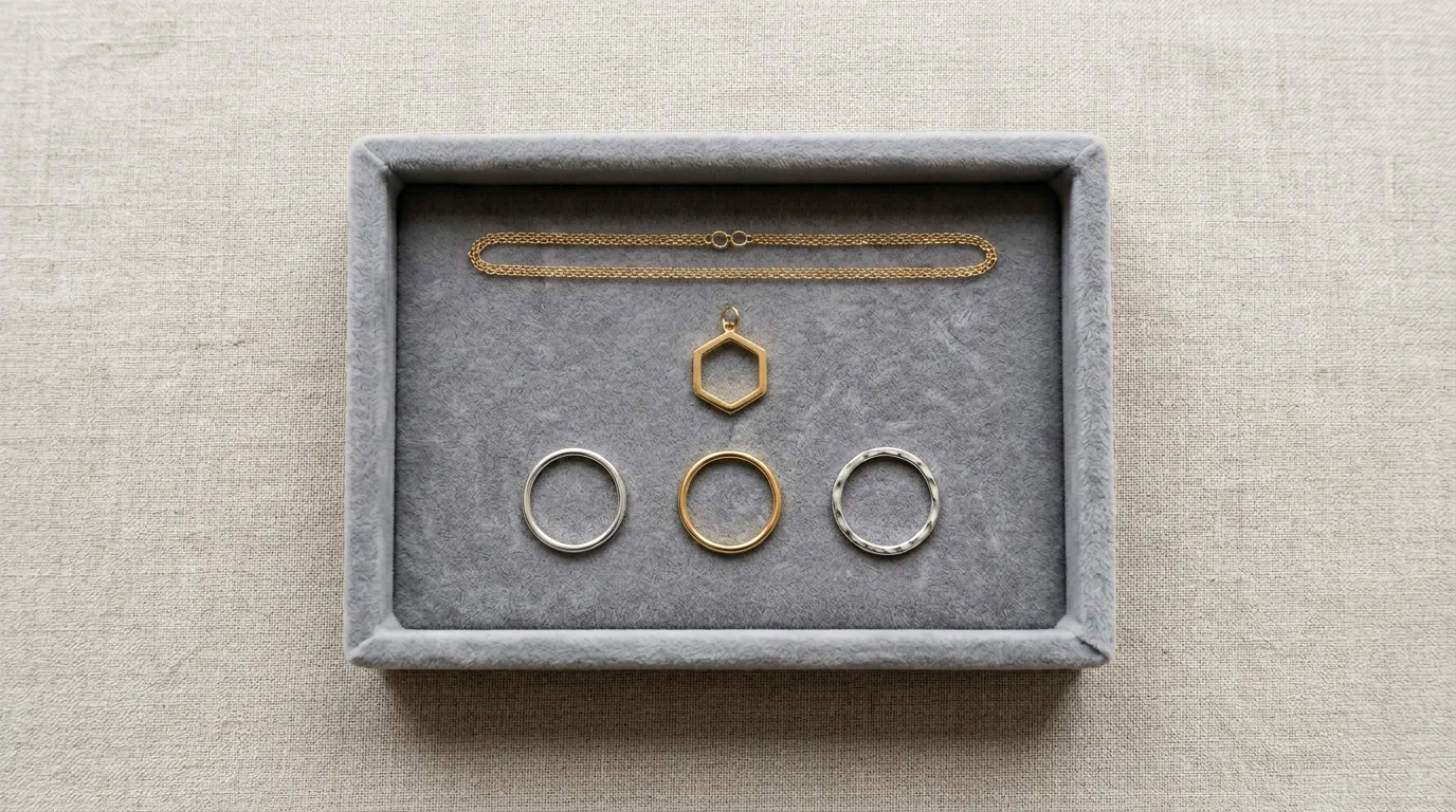 Five-piece minimalist jewellery capsule set with dainty necklace, pendant and stacking rings