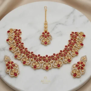 Gold Ruby Leaf Necklace Set