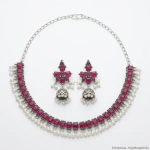 Pink Silver Oxidized Necklace Set
