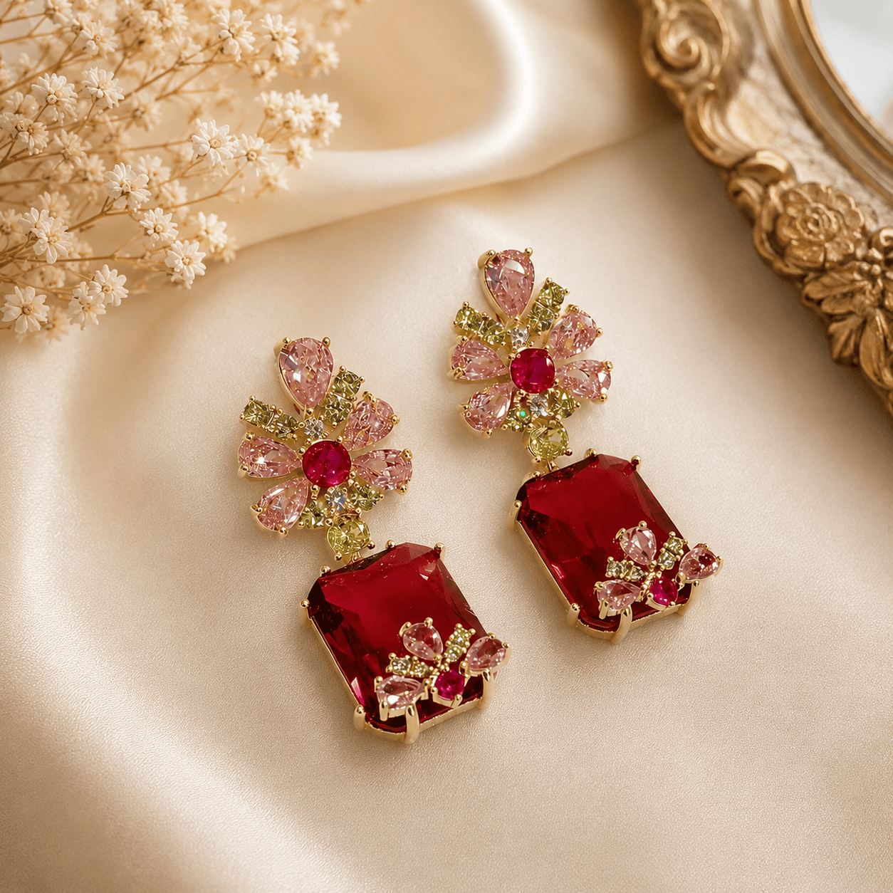 Luxury floral stone earrings featuring sparkling pink and red crystals