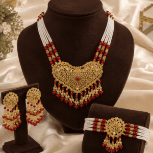 Luxury gold plated mala set with real stones, white beads and red stone detailing