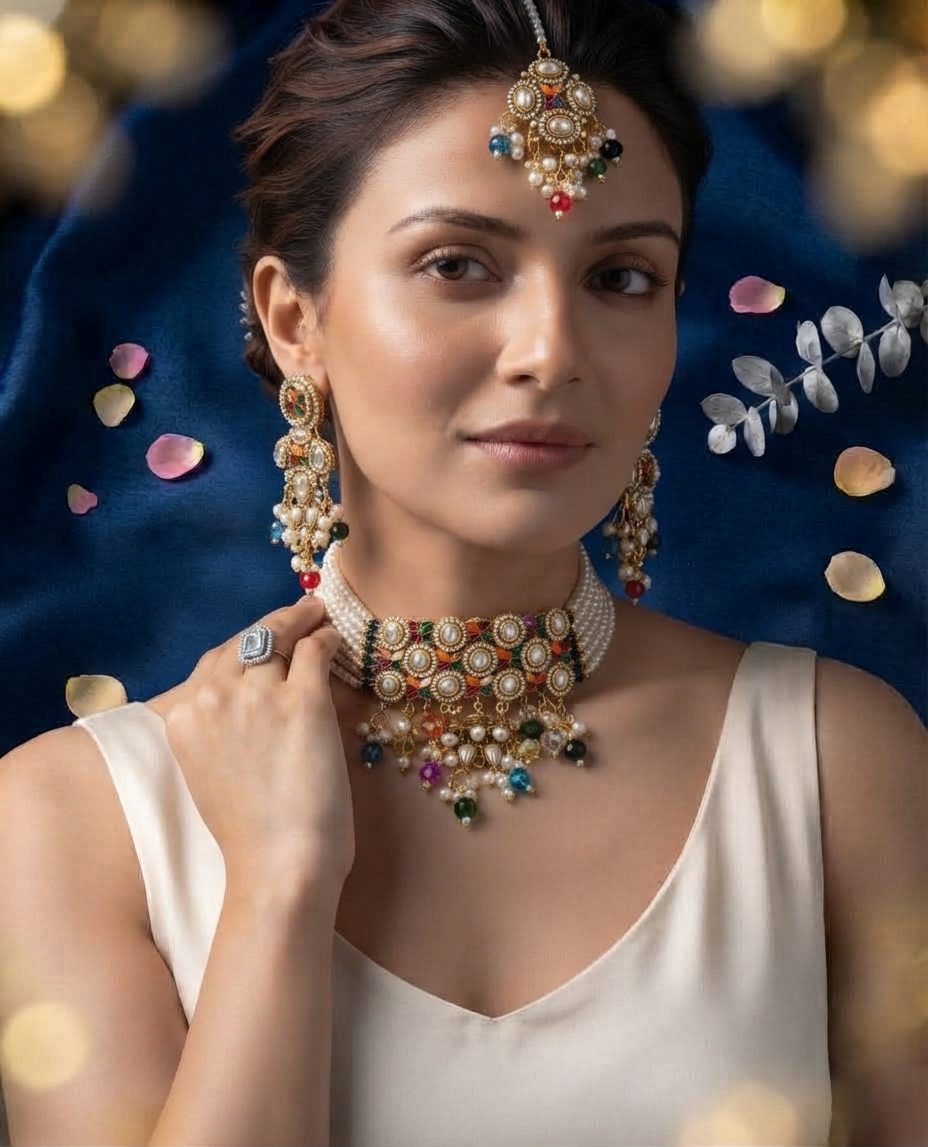 Multicolor Kundan Pearl Choker Set with Maang Tikka - Image 2
