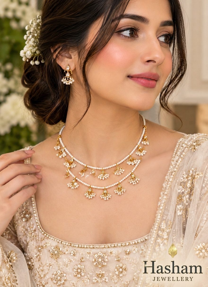 Hasham Jewellery Elegant Double-Layer Pearl & Gold Choker Set - Image 2