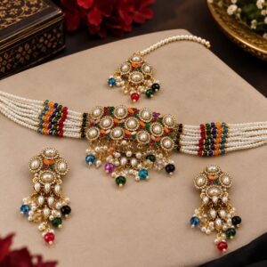 Multicolor Kundan Pearl Choker Set with Maang Tikka