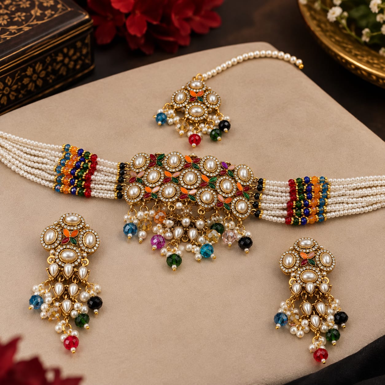 Multicolor Kundan Pearl Choker Set with Maang Tikka